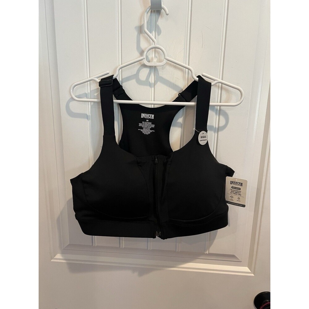 NWT Duluth Trading Adjustabust High Impact Zip Front Sports Bra Black Size 16
